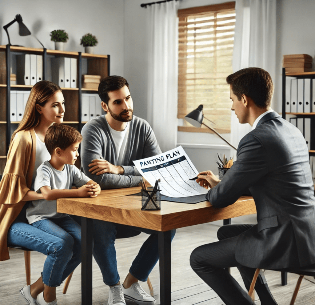 Parents meeting with a family law attorney to review a parenting plan in Texas, focused on creating a cooperative child custody agreement.